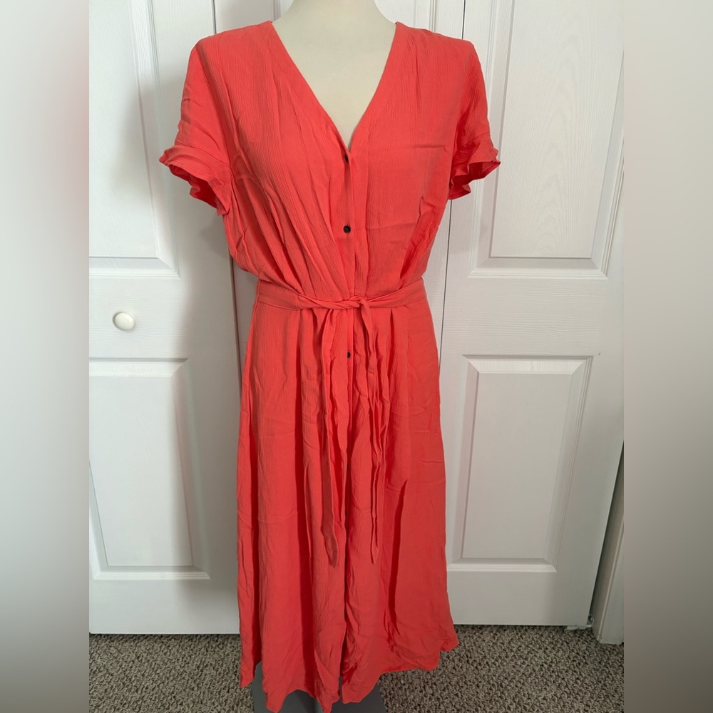 LOFT Coral Midi Dress with Tie Waist
